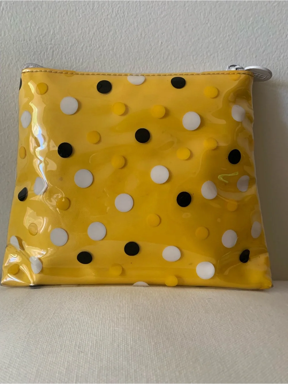 VINTAGE Elizabeth Arden Yellow Polka Dot Vinyl Zipper Pouch